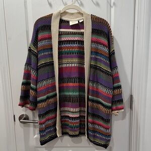 Anthropologie Multicolor Open Knit Striped Cardigan with Cream Trim